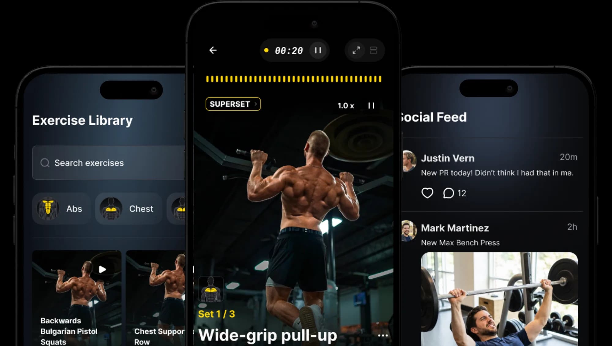MYLIFT app screens showing Exercise Library, Workout Tracking, and Social Feed