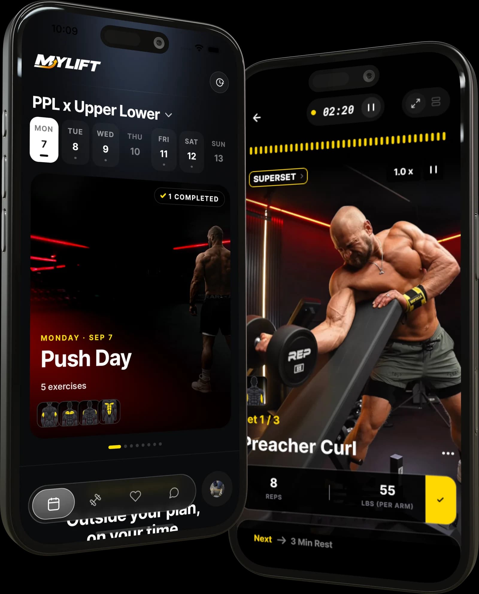 MYLIFT app showing the weekly plan with Push Day and a live Single Arm Dumbbell Preacher Curl set